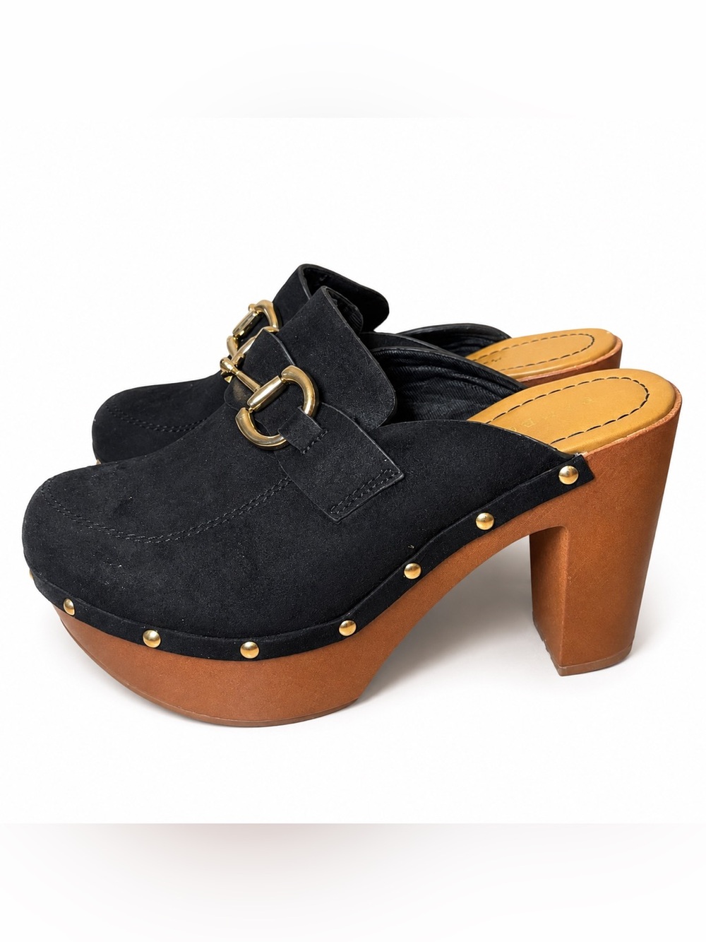 Bamboo Black Faux Suede Horsebit Platform Mule Clogs Heels Size 9